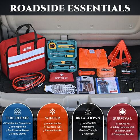 Roadside Emergency Car Kit for Vehicles, Car Emergency Kit with Jumper Cables, Air Compressor, First Aid Kit, Car Safety Tool Kits, Road Trip Assistance for Men, Women, New Driver Gifts in Kuwait