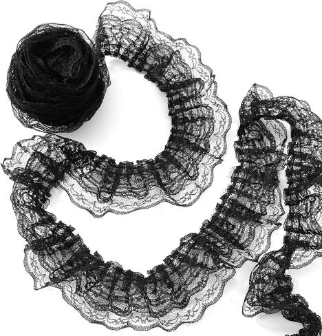 10 Yards Black Lace Ribbon 2-Layer Ruffle Trim 4.5cm Width Black Lace Trim for Sewing Crafts Wedding Bridal Dress Embellishment Gift Package DIY Decor in Kuwait