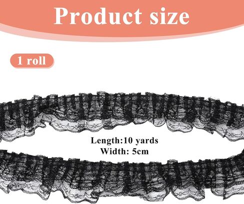 10 Yards Black Lace Ribbon 2-Layer Ruffle Trim 4.5cm Width Black Lace Trim for Sewing Crafts Wedding Bridal Dress Embellishment Gift Package DIY Decor in Kuwait
