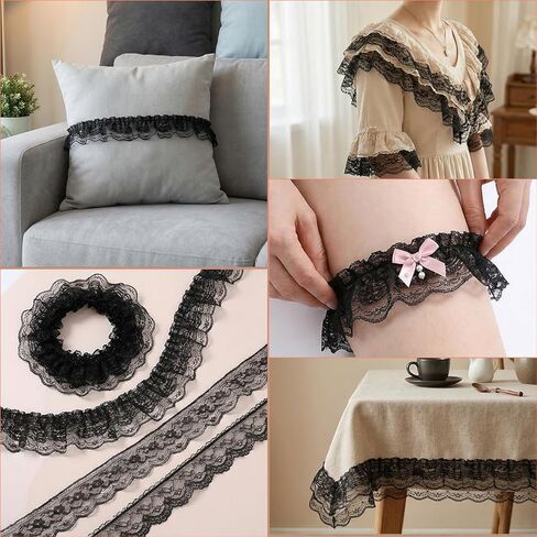 10 Yards Black Lace Ribbon 2-Layer Ruffle Trim 4.5cm Width Black Lace Trim for Sewing Crafts Wedding Bridal Dress Embellishment Gift Package DIY Decor in Kuwait