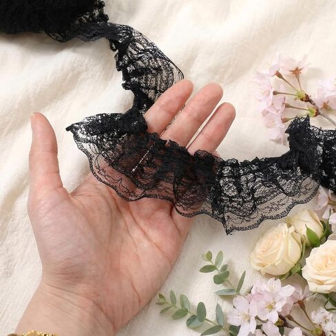 10 Yards Black Lace Ribbon 2-Layer Ruffle Trim 4.5cm Width Black Lace Trim for Sewing Crafts Wedding Bridal Dress Embellishment Gift Package DIY Decor in Kuwait