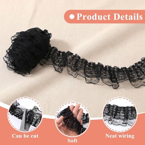 10 Yards Black Lace Ribbon 2-Layer Ruffle Trim 4.5cm Width Black Lace Trim for Sewing Crafts Wedding Bridal Dress Embellishment Gift Package DIY Decor in Kuwait