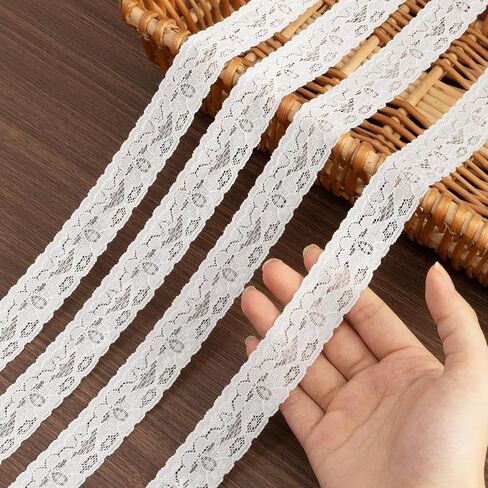 Lace Trim Ribbon, 30-Yard White Lace Ribbon, 1 Inch Width White Laces Trims, Delicate Elastic Floral Pattern White Lace for Crafts Sewing and Bridal Wedding Dress Applique Decorations in Kuwait