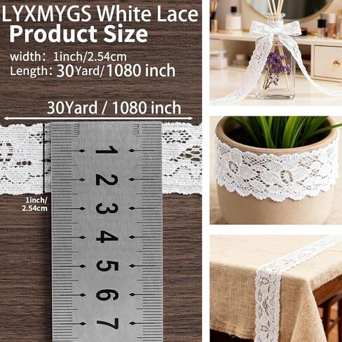 Lace Trim Ribbon, 30-Yard White Lace Ribbon, 1 Inch Width White Laces Trims, Delicate Elastic Floral Pattern White Lace for Crafts Sewing and Bridal Wedding Dress Applique Decorations in Kuwait