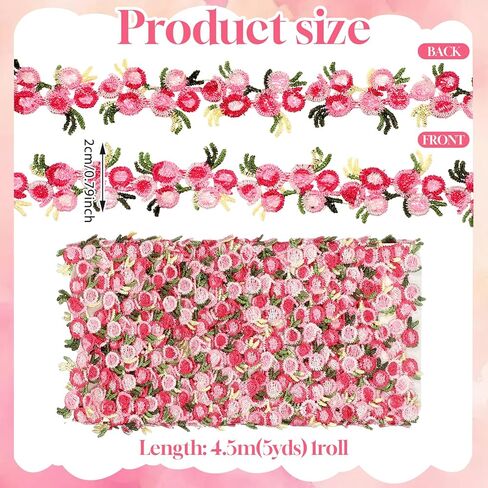 5 Yards Flower Embroidered Ribbon Pink Lace Trim for Crafts Floral Lace Trim Fabric Trims and Embellishments for Appliques Sewing Edging Craft Wedding DIY Party Decor Clothes Decoration in Kuwait