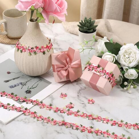 5 Yards Flower Embroidered Ribbon Pink Lace Trim for Crafts Floral Lace Trim Fabric Trims and Embellishments for Appliques Sewing Edging Craft Wedding DIY Party Decor Clothes Decoration in Kuwait