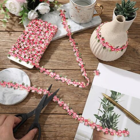 5 Yards Flower Embroidered Ribbon Pink Lace Trim for Crafts Floral Lace Trim Fabric Trims and Embellishments for Appliques Sewing Edging Craft Wedding DIY Party Decor Clothes Decoration in Kuwait