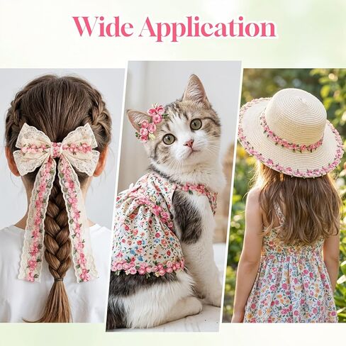 5 Yards Flower Embroidered Ribbon Pink Lace Trim for Crafts Floral Lace Trim Fabric Trims and Embellishments for Appliques Sewing Edging Craft Wedding DIY Party Decor Clothes Decoration in Kuwait