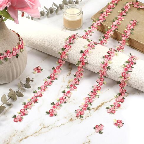 5 Yards Flower Embroidered Ribbon Pink Lace Trim for Crafts Floral Lace Trim Fabric Trims and Embellishments for Appliques Sewing Edging Craft Wedding DIY Party Decor Clothes Decoration in Kuwait