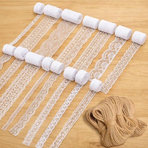 Hoteam 49 Yards White Lace Ribbon 15 Rolls and 328 ft Jute Twine, Craft Ribbon 0.5 to 2.36 Inch Assorted Pattern for Wedding Party Rustic Decoration Gift Wrapping DIY Crafts Home, 3.28 Yards for Each in Kuwait