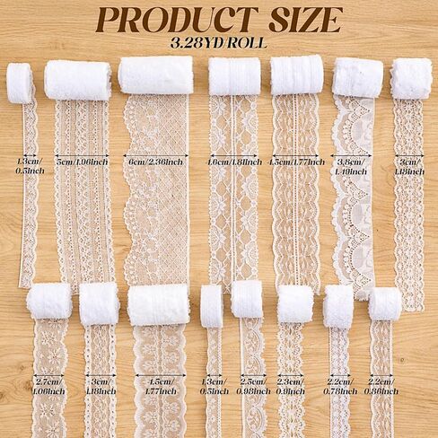 Hoteam 49 Yards White Lace Ribbon 15 Rolls and 328 ft Jute Twine, Craft Ribbon 0.5 to 2.36 Inch Assorted Pattern for Wedding Party Rustic Decoration Gift Wrapping DIY Crafts Home, 3.28 Yards for Each in Kuwait