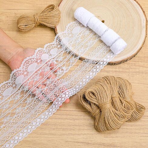 Hoteam 49 Yards White Lace Ribbon 15 Rolls and 328 ft Jute Twine, Craft Ribbon 0.5 to 2.36 Inch Assorted Pattern for Wedding Party Rustic Decoration Gift Wrapping DIY Crafts Home, 3.28 Yards for Each in Kuwait