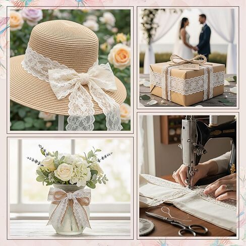 Hoteam 49 Yards White Lace Ribbon 15 Rolls and 328 ft Jute Twine, Craft Ribbon 0.5 to 2.36 Inch Assorted Pattern for Wedding Party Rustic Decoration Gift Wrapping DIY Crafts Home, 3.28 Yards for Each in Kuwait