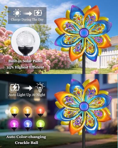 دوارات الرياح الشمسية في الهواء الطلق - H60xW13 دوارات الرياح الحركية الفنية مع كرة فرقعة LED ملونة، طاحونة هوائية على طراز الطاووس لتزيين حديقة الفناء، هدايا البستنة للنساء in Kuwait