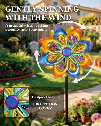 دوارات الرياح الشمسية في الهواء الطلق - H60xW13 دوارات الرياح الحركية الفنية مع كرة فرقعة LED ملونة، طاحونة هوائية على طراز الطاووس لتزيين حديقة الفناء، هدايا البستنة للنساء in Kuwait