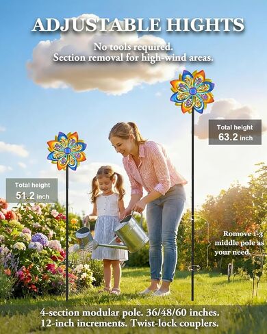 دوارات الرياح الشمسية في الهواء الطلق - H60xW13 دوارات الرياح الحركية الفنية مع كرة فرقعة LED ملونة، طاحونة هوائية على طراز الطاووس لتزيين حديقة الفناء، هدايا البستنة للنساء in Kuwait
