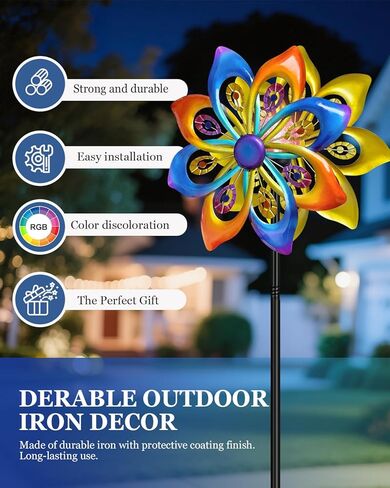 دوارات الرياح الشمسية في الهواء الطلق - H60xW13 دوارات الرياح الحركية الفنية مع كرة فرقعة LED ملونة، طاحونة هوائية على طراز الطاووس لتزيين حديقة الفناء، هدايا البستنة للنساء in Kuwait