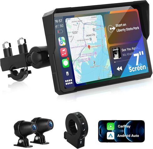 شاشة CarPlay للدراجات النارية مقاس 7 بوصات مع كاميرا داش مزدوجة 2K، نظام ملاحة Apple Carplay اللاسلكي ونظام Android Auto GPS، شاشة لمس مقاومة للماء IPX8، جهاز تحكم عن بعد، بلوتوث، تسجيل حلقي in Kuwait