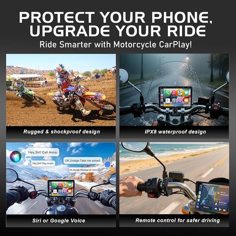 شاشة CarPlay للدراجات النارية مقاس 7 بوصات مع كاميرا داش مزدوجة 2K، نظام ملاحة Apple Carplay اللاسلكي ونظام Android Auto GPS، شاشة لمس مقاومة للماء IPX8، جهاز تحكم عن بعد، بلوتوث، تسجيل حلقي in Kuwait