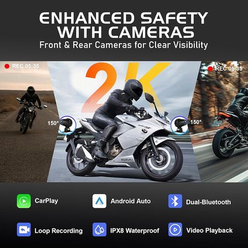 شاشة CarPlay للدراجات النارية مقاس 7 بوصات مع كاميرا داش مزدوجة 2K، نظام ملاحة Apple Carplay اللاسلكي ونظام Android Auto GPS، شاشة لمس مقاومة للماء IPX8، جهاز تحكم عن بعد، بلوتوث، تسجيل حلقي in Kuwait