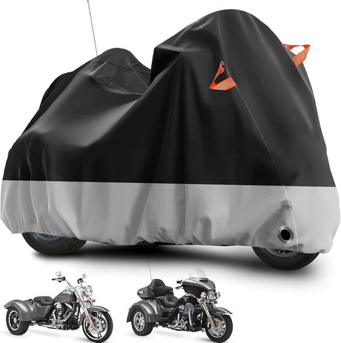 غطاء دراجة نارية Trike، غطاء مركبة مقاوم للماء للاستخدام الخارجي مع شريط عاكس بإبزيم مقاوم للرياح لدراجات Harley Davidson وHonda Gold Wing وKawasaki 3 ملحقات الدراجات النارية (أسود ورمادي) in Kuwait