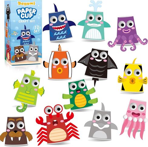 BeYumi Ocean Animals Craft Kit - 12Pcs Summer Arts and Crafts for Kids Toddler Paper Cup Craft Kit with 12 Cartoon Animal Projects DIY Gift for Birthday Party Preschool Classroom Fun Activity Ages 3-6 in Kuwait