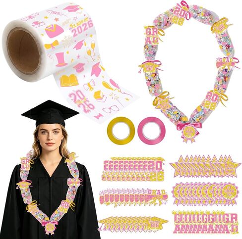 Kindergarten Graduation Leis 2026 - Candy Lei Making Kit, 6 Clear Candy Tubing Bags 18 Paper Cards 2 Ribbon Rolls Pink White 6 Pack Stickers 48 Flowers Preschool Grad Accessories in Kuwait