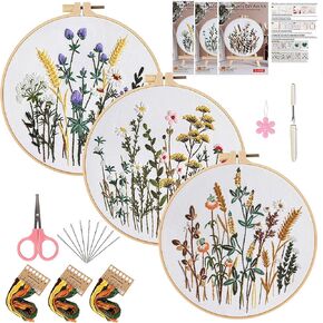 Herdiese Embroidery Kit for Beginners & Adults, 3 PCS Cross Stitch Kit with Floral Patterns – Complete Starter Set with Hoop, Pre-Printed Fabrics, Threads, 9 Needles & Scissors in Kuwait