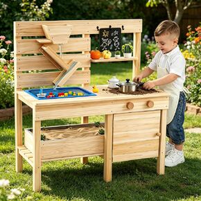 Costzon Mud Kitchen, Solid Wood Potting Bench w/2 Flowerpots, Blackboard, Sink, 2 Stoves, Outdoor Pretend Play Set for Toddlers 3+ Years, Mud Kitchen for Kids Outdoor, Gift for Girls & Boys in Kuwait
