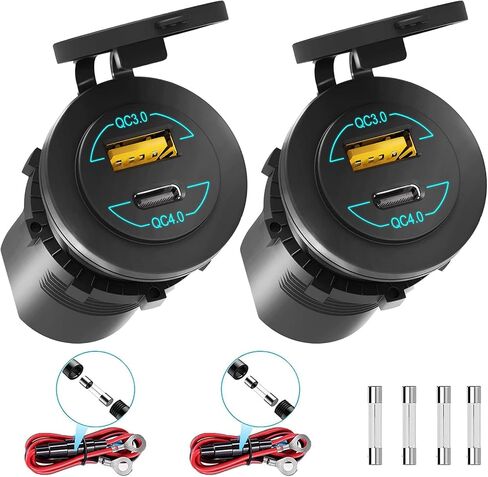 2 Pack 12V USB Outlet - 90W(Max) Dual Ports QC4.0 PD & Quick Charge3.0 Car Charger Socket with LED Indicator - Waterproof USB C Port for Car Boat Marine Motorcycle RV Truck ATV Golf Cart in Kuwait