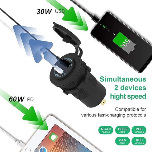 2 Pack 12V USB Outlet - 90W(Max) Dual Ports QC4.0 PD & Quick Charge3.0 Car Charger Socket with LED Indicator - Waterproof USB C Port for Car Boat Marine Motorcycle RV Truck ATV Golf Cart in Kuwait