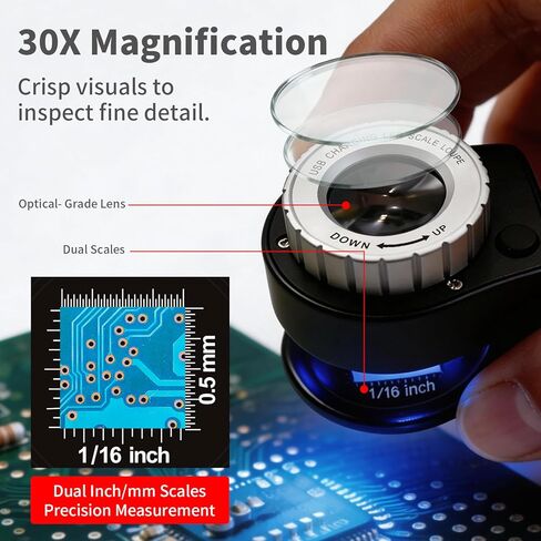 عدسة مكبرة 30X، عدسة مكبرة قابلة لإعادة الشحن مع أضواء الأشعة فوق البنفسجية/LED، عدسة مكبرة معدنية محمولة لسطح المكتب مع موازين مزدوجة بوصة/مم للخياطة والمنسوجات والأحجار الكريمة والطوابع والعملة والصخور in Kuwait
