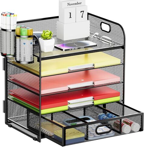 Lavatino Paper Organizer for Desk, 4-Tier Desk Organizer Tray, Mesh Desktop File Organizers with Handle, Office Classroom Organization and Storage-Black in Kuwait