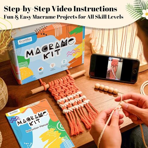 Ecoofor Macrame Kits for Beginners with 366 Feet 3 mm Macrame Cotton Cord, DIY Plant Hanger Kit with Supplies and Instructions, Macrame Beads, Wooden Rings, Dream Catcher Rings in Kuwait
