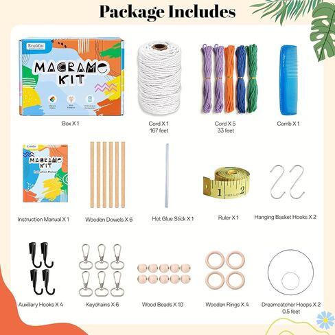 Ecoofor Macrame Kits for Beginners with 366 Feet 3 mm Macrame Cotton Cord, DIY Plant Hanger Kit with Supplies and Instructions, Macrame Beads, Wooden Rings, Dream Catcher Rings in Kuwait