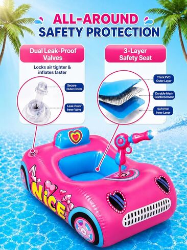 Kids Pool Float with Water Gun, 3-Layer Safety Seat Inflatable Toddler Float for Girls Ages 3-8, Pink Summer Swimming Pool Toys for Kids, Pool Party Beach Vacation Water Toy. Repair Patches Included in Kuwait