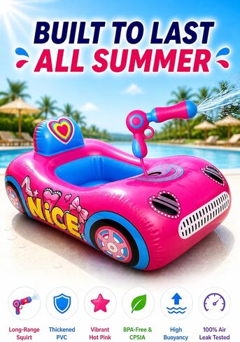 Kids Pool Float with Water Gun, 3-Layer Safety Seat Inflatable Toddler Float for Girls Ages 3-8, Pink Summer Swimming Pool Toys for Kids, Pool Party Beach Vacation Water Toy. Repair Patches Included in Kuwait
