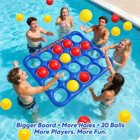 Inflatable 4-in-line Pool Toy Set, Giant Floating 4-in-a-Row Toss Pool Game with 20 Balls for Kids Ages 8–12, Teens & Adults, Summer Pool Party, Pool Tic Tac Toe Game in Kuwait