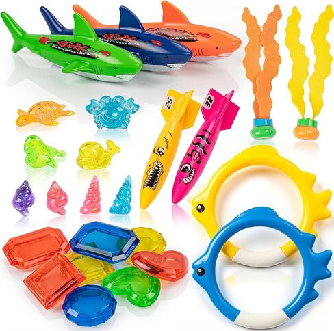 Pool Toys for Kids Ages 4-8, 26 Pcs Diving Toys, Diving Rings, Swimming Pool Games with Storage Net Bag, Torpedo, Gem, Sea Animal & Diving Ring, Pool Decoration, Summer Pool Party Toys in Kuwait
