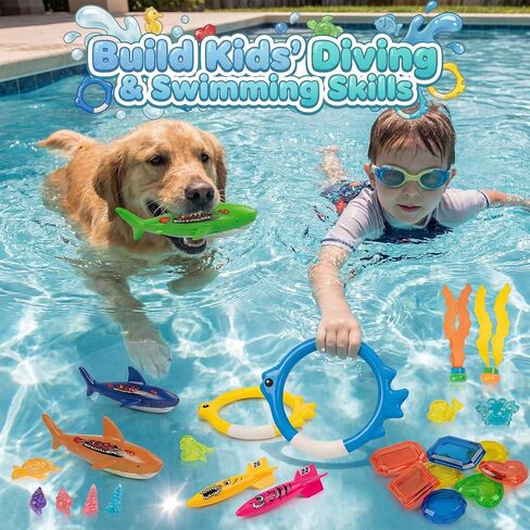 Pool Toys for Kids Ages 4-8, 26 Pcs Diving Toys, Diving Rings, Swimming Pool Games with Storage Net Bag, Torpedo, Gem, Sea Animal & Diving Ring, Pool Decoration, Summer Pool Party Toys in Kuwait