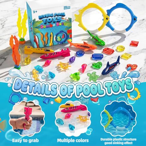 Pool Toys for Kids Ages 4-8, 26 Pcs Diving Toys, Diving Rings, Swimming Pool Games with Storage Net Bag, Torpedo, Gem, Sea Animal & Diving Ring, Pool Decoration, Summer Pool Party Toys in Kuwait