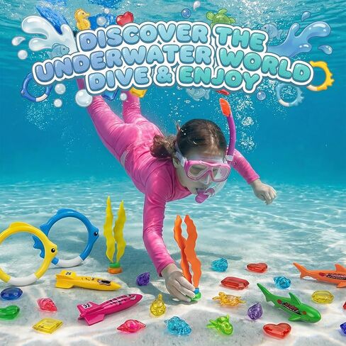 Pool Toys for Kids Ages 4-8, 26 Pcs Diving Toys, Diving Rings, Swimming Pool Games with Storage Net Bag, Torpedo, Gem, Sea Animal & Diving Ring, Pool Decoration, Summer Pool Party Toys in Kuwait