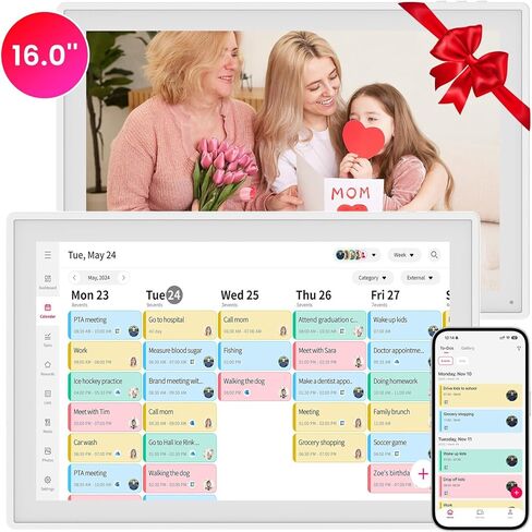 تقويم رقمي ذكي مقاس 16 بوصة، مخطط تثبيت على الحائط مع مزامنة Google iCloud، منظم عائلي بشاشة تعمل باللمس لمخطط المهام، تخطيط الوجبات ومكافآت المهام (أبيض) in Kuwait
