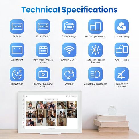 تقويم رقمي ذكي مقاس 16 بوصة، مخطط تثبيت على الحائط مع مزامنة Google iCloud، منظم عائلي بشاشة تعمل باللمس لمخطط المهام، تخطيط الوجبات ومكافآت المهام (أبيض) in Kuwait