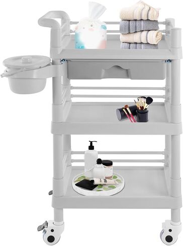 Beauty Salon Trollley, 3 Tier Rolling Beauty Cart with Drawer and Waste Bin for Hair Salon Station Barber Shops Beauty Shops Pet Shops Office Home (Blue) in Saudi Arabia