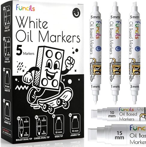 5 Oil Black Paint Pen (3 Dual Tip + 10mm, 15mm Jumbo) - Oil Based Paint Markers for Metal, Fabric, Glass, Automotive Tire, Furniture Touch Up Wood & Plastic Surfaces - Waterproof & Permanent in Kuwait