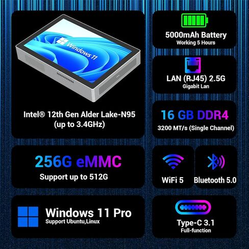 HIGOLEPC Mini PC الجيل الثاني عشر N100 Win 11 Pro 16GB RAM 512GB ROM كمبيوتر صغير مع شاشة مزدوجة 2.5 جيجابت LAN كاملة الوظائف USB-C كمبيوتر صغير مع بطارية WiFi 5 BT 5.0 4K عرض HDMI كمبيوتر مكتبي in Kuwait
