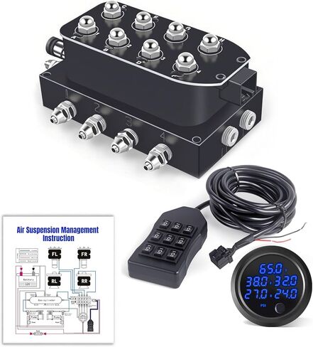 12V Air Management featuring 8-Valve Air Ride Suspension Manifold, with 16.5FT switch Wired Remote Controller and Five-Way White Display Air Pressure Gauges in Kuwait