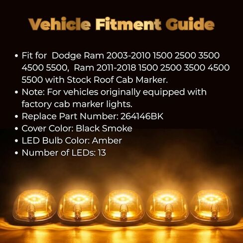 KOMAS 5 X Cab Roof Running 264146BK عدسة دخان سوداء بيضاء 13 LED أضواء علامة الكابينة، ضوء التخليص العلوي لشاحنات بيك اب 2003-2018 Dodge Ram 1500 2500 3500 4500 5500 in Saudi Arabia