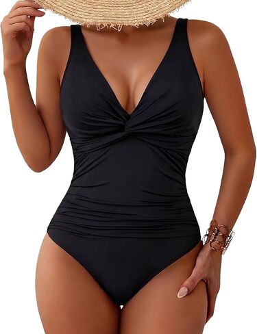 Hilor Women V Neck One Piece Swimsuit Tummy Control Shirred Swimwear Front Twist Bathing Suits in Saudi Arabia